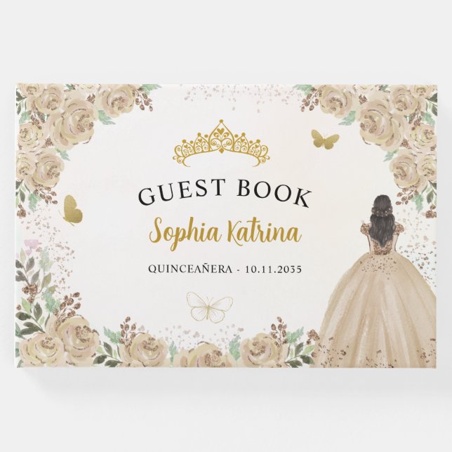 Floral Gold Glitzer Princess Quinceanera Guestbook Gästebuch (Vorderseite)