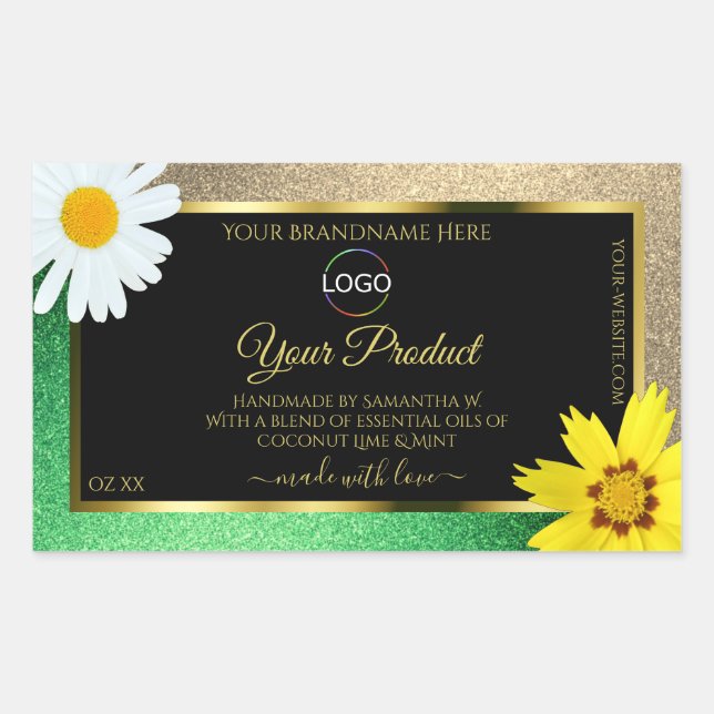 Floral Gold Green Glitzer Black Product Label Logo Rechteckiger Aufkleber (Vorderseite)