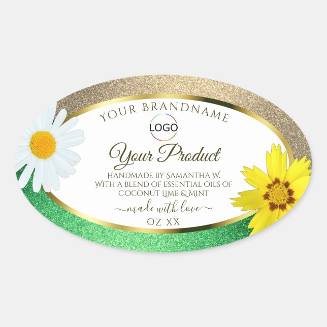 Floral Gold Green Glitzer White Product Logo Ovaler Aufkleber (Vorderseite)