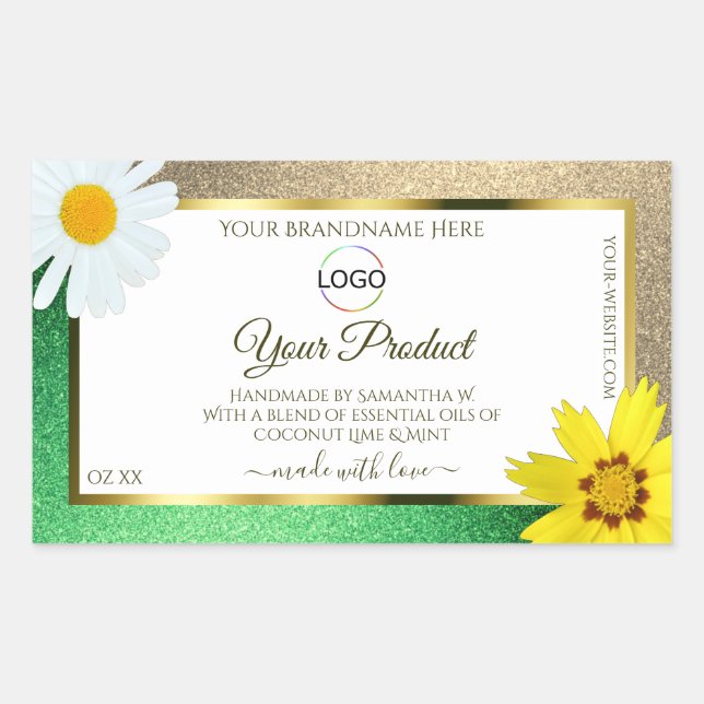 Floral Gold Green Glitzer White Product Logo Rechteckiger Aufkleber (Vorderseite)