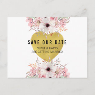 Floral Gold Heart   Save the Date Postkarte