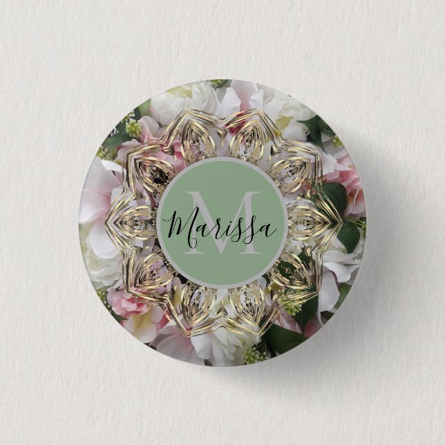Floral Gold Hexagon Mandala Monogram Button (Vorderseite)