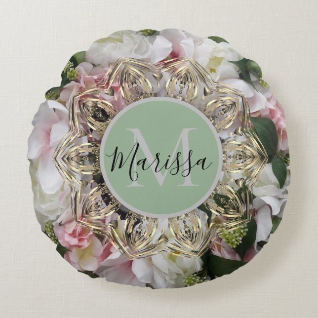 Floral Gold Hexagon Mandala Monogram Round Pillow Rundes Kissen (Vorderseite)