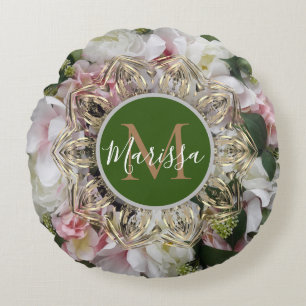 Floral Gold Hexagon Mandala Monogram Round Pillow Rundes Kissen