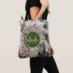 Floral Gold Hexagon Mandala Monogram Tote Bag