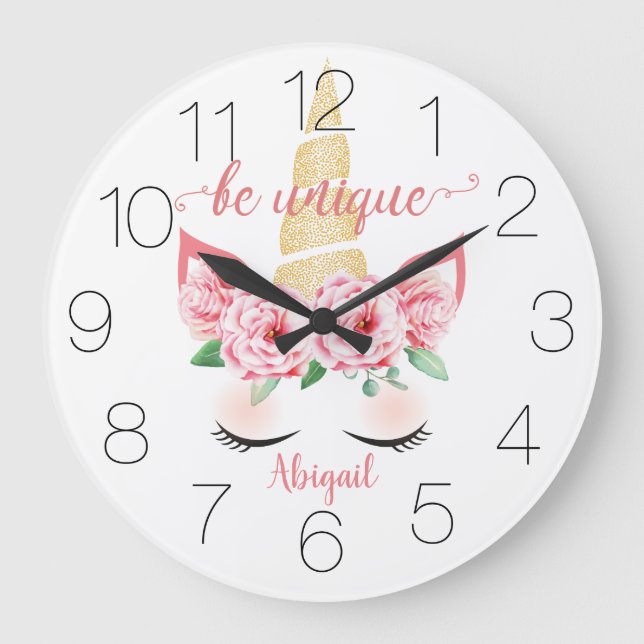 Floral Gold Horn Unicorn Große Wanduhr (Vorderseite)