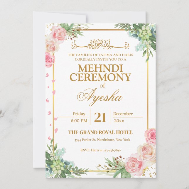 Floral Gold Islamische Hochzeit Mehndi Einladung (Vorderseite)