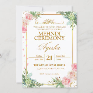 Floral Gold Islamische Hochzeit Mehndi Einladung