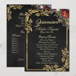 Floral & Gold Leaves - Black Quinceanera Program Programm
