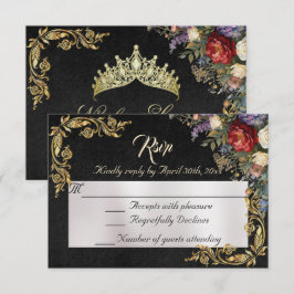 Floral & Gold Leaves - Black RSVP Karte