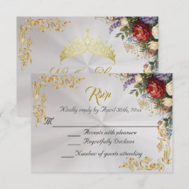 Floral & Gold Leaves - Pearl White RSVP Karte