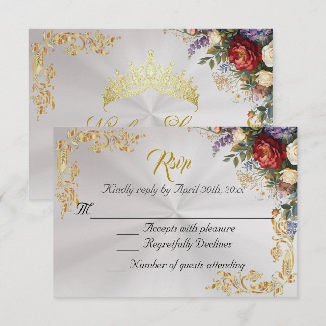 Floral & Gold Leaves - Pearl White RSVP Karte (Vorne/Hinten)