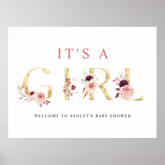 Floral Gold Letter Es ist ein Baby Duschzeichen Poster (Vorne)