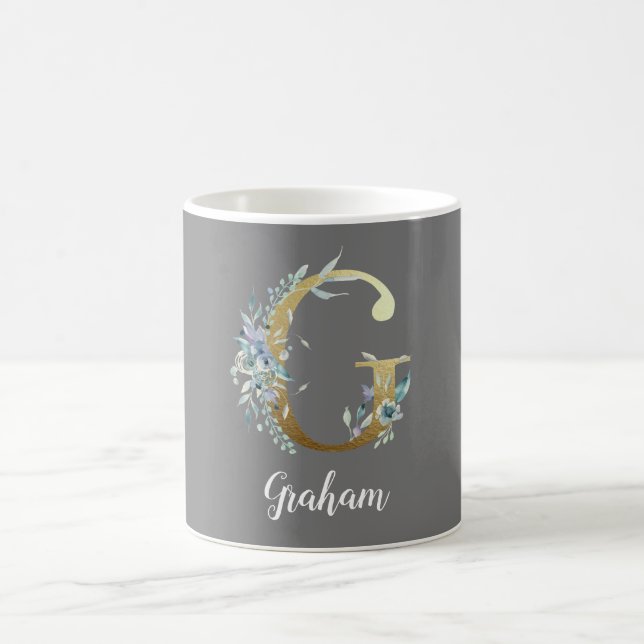 Floral Gold Letter G auf Grau Kaffeetasse (Mittel)