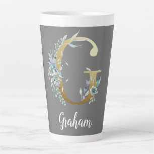 Floral Gold Letter G auf Grau Milchtasse
