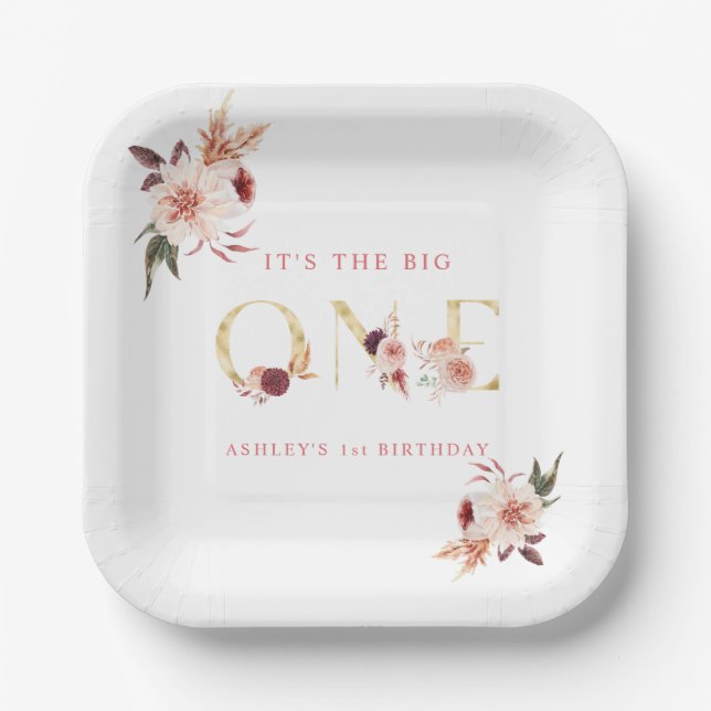 Floral Gold Letter Girl Pappteller (Vorderseite)