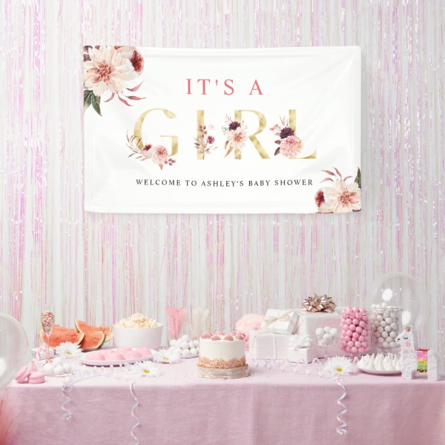 Floral Gold Letter Watercolor Girl Babydusche Banner (Party)