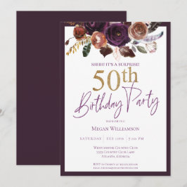 Floral Gold Lila Überraschung 50. Geburtstagsparty Einladung