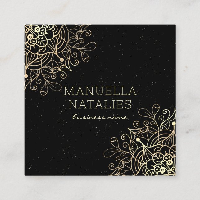 Floral Gold Mandala Black Quadratische Visitenkarte (Vorderseite)