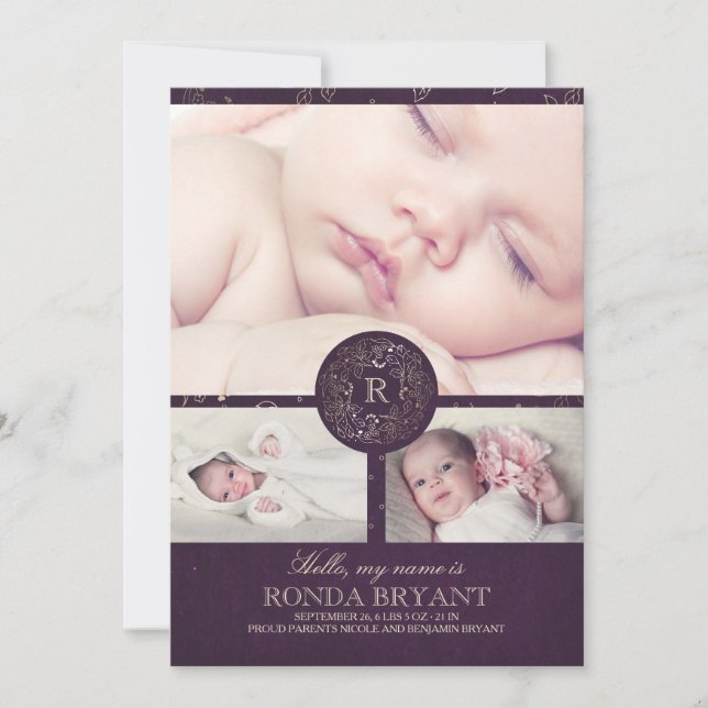 Floral Gold Monogram Vintag Baby Fotos Birne Ankündigung (Vorderseite)