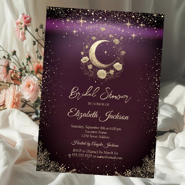 Floral Gold Moon,Stars Burgundy Bridal Shower Einladung (Von Creator hochgeladen)