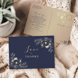 Floral Gold Navy Blau Hochzeits-Dankeschön Postkarte