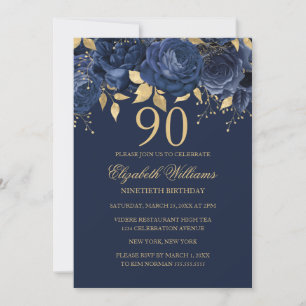 Floral Gold Navy Rose 90. Geburtstag Einladung