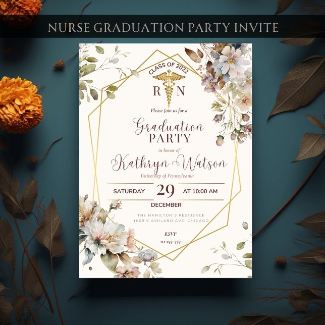 Floral Gold Nurse Abschluss RN Nursing Graduate Einladung (Von Creator hochgeladen)