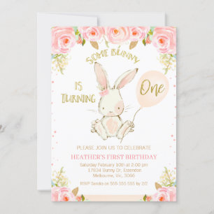 Floral Gold Pink Bunny 1. Geburtstag Einladung