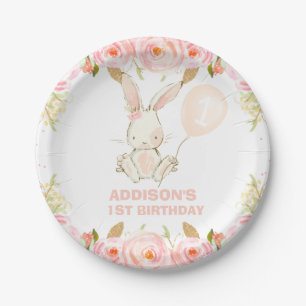 Floral Gold Pink Bunny Pink Ballon 1. Geburtstag Pappteller
