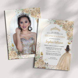 Floral Gold Princess Birthday Quinceanera Foto Einladung