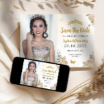 Floral Gold Princess Birthday Quinceanera Foto Save The Date<br><div class="desc">Floral Light Champagne Gold Prinzessin Gown Dress Glitzer Sparkle Tiara Crown Butterfly 15. Geburtstag Quinceanera Foto Save the Date</div>