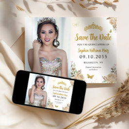 Floral Gold Princess Birthday Quinceanera Foto Save The Date