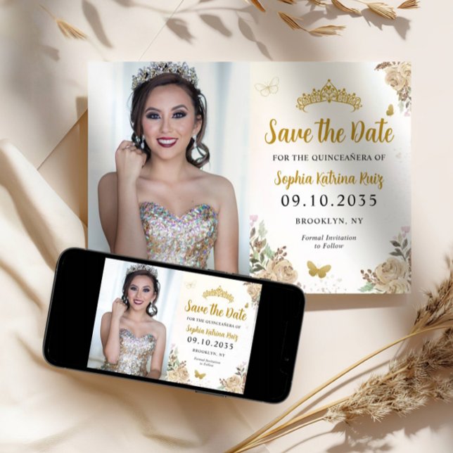 Floral Gold Princess Birthday Quinceanera Foto Save The Date (Von Creator hochgeladen)