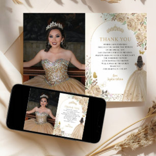 Floral Gold Prinzessin Quinceanera Foto Danke Einladung