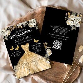 Floral Gold QR Code Princess Quinceanera Einladung