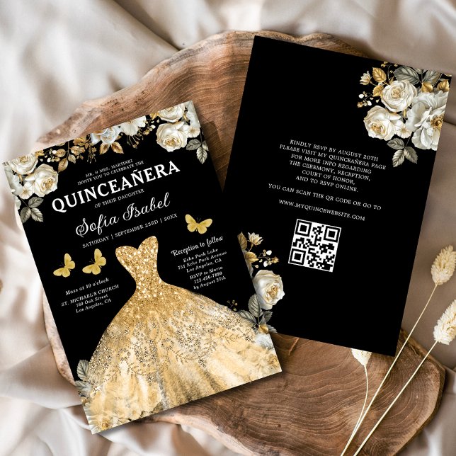 Floral Gold QR Code Princess Quinceanera Einladung (Von Creator hochgeladen)