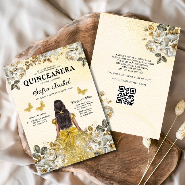 Floral Gold QR Code Princess Quinceanera Einladung (Von Creator hochgeladen)