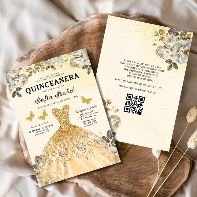 Floral Gold QR Code Princess Quinceanera Einladung (Von Creator hochgeladen)