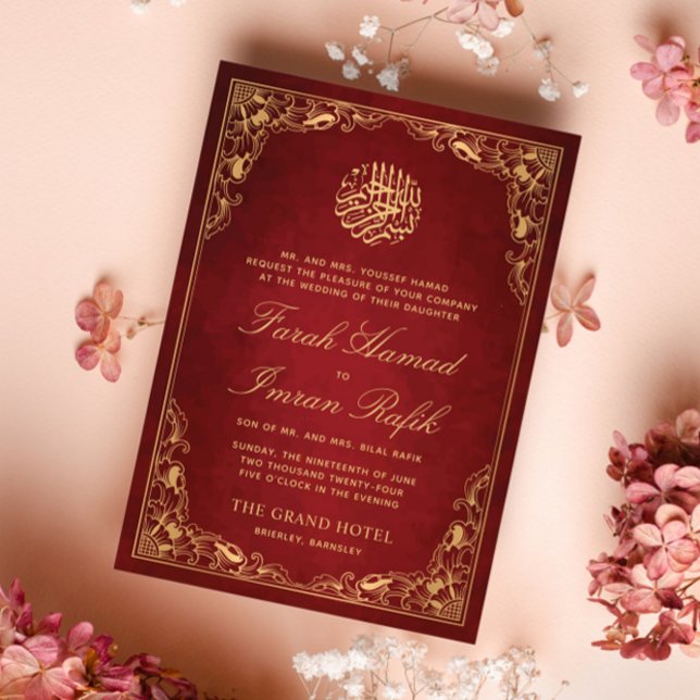 Floral Gold Rahmen Rote islamische Hochzeit Einladung (Von Creator hochgeladen)