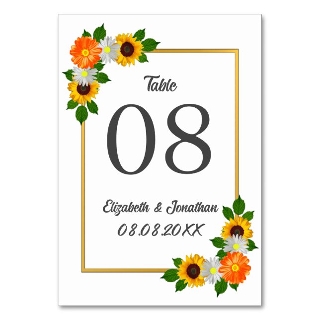 Floral Gold Rahmen Wedding Tischnummer (Vorderseite)