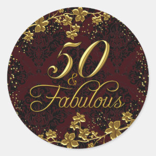 Floral Gold Red 50 & Fabulous Birthday Sticker
