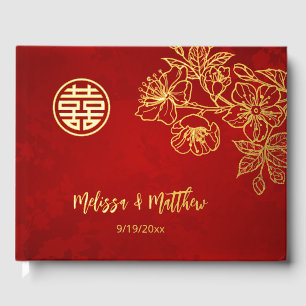 Floral Gold Red Chinese Wedding Gästebuch