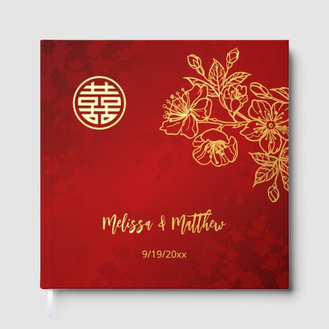 Floral Gold Red Chinese Wedding Gästebuch (Vorderseite)