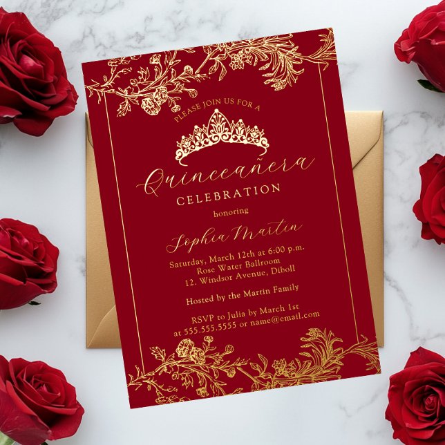 Floral Gold Red Vintag Quinceanera Folieneinladung (Von Creator hochgeladen)
