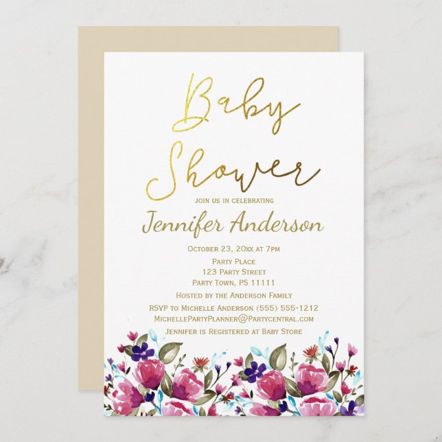 Floral Gold Rosa Rose Wasserfarben Babydusche Einladung (Vorne/Hinten)