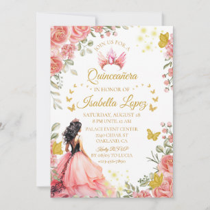 Floral Gold Rosen Princess Quinceanera Birthday Einladung