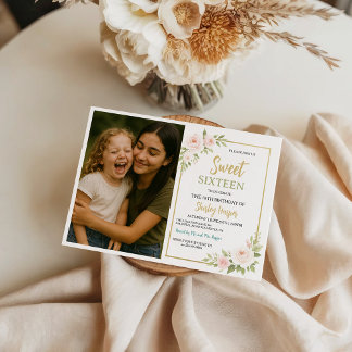 Floral Gold Schriftzug Sweet Sixteen Geburtstag Einladung