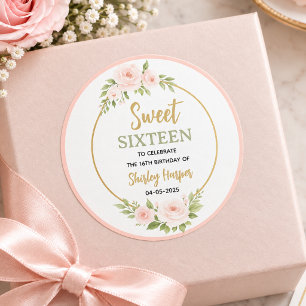 Floral Gold Schriftzug Sweet Sixteen Geburtstag Runder Aufkleber