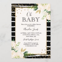 Floral Gold Schwarz-weiß Oh Baby Dusche Einladung